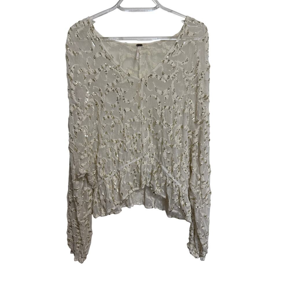 Free People Smile Away Sheer Top Ivory/Gold/Sequins Ruffle Trim Embroidery Small - Picture 2 of 11